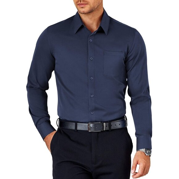 Blue Purple Men Short Sleeve Button Down Untucked Dress Wrinkle Free Shirt - Picture 1 of 6